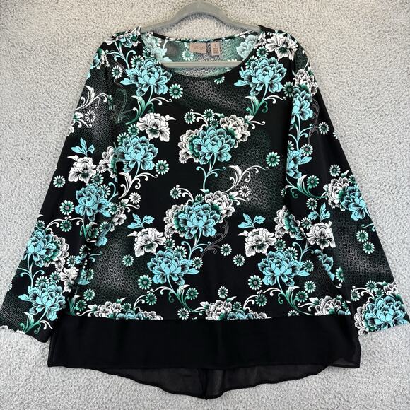 Chicos Easywear Tunic XL Asian Floral Feminine Stretch Sheer Hem Lightweight - Picture 1 of 10